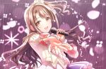  1girl :d brown_hair citrusmikan display_board foreshortening highres holding holding_microphone idol idolmaster idolmaster_cinderella_girls long_hair looking_at_viewer microphone music one_side_up outstretched_arm reaching_out shimamura_uzuki shiny shiny_hair singing smile solo stage wavy_hair 