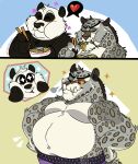  &lt;3 2022 anthro belly big_belly black_body black_nose comic dreamworks duo eating eyes_closed giant_panda kung_fu_panda lewdookami male mammal master_po_ping one_eye_closed overweight overweight_male tai_lung_(kung_fu_panda) ursid weight_gain white_body wink 