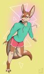  absurd_res anthro big_ears big_tail bottomwear claws clothed clothing floating fluffy foxinuhhbox fur hi_res kangaroo macropod male mammal marsupial muscular pinup pose simple_background solo standing thick_tail thick_thighs topwear wide_hips 