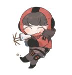  1girl ^_^ apex_legends blush brown_bodysuit chibi closed_eyes energy_reader_(apex_legends) fang holding hood hooded_jacket jacket nagoooon_114 red_headwear red_jacket scar scar_on_cheek scar_on_face skin_fang smile solo thigh_strap wattson_(apex_legends) white_background winged_menace_wattson 
