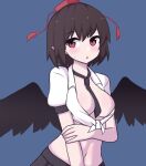  1girl :o arm_under_breasts bird_wings black_hair black_wings blue_background blush breasts cleavage commentary_request embarrassed feathered_wings front-tie_top hat highres leaning_forward medium_breasts midriff navel no_bra nuclear_cake pleated_skirt puffy_short_sleeves puffy_sleeves red_eyes shameimaru_aya shirt short_sleeves simple_background skirt stomach sweatdrop tassel tengu tied_shirt tokin_hat touhou white_shirt wings 