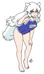  1girl acesrulez alternate_costume animal_ears arctic_fox_(kemono_friends) bare_arms bare_legs bare_shoulders barefoot blue_swimsuit blush collarbone commentary_request eyebrows_visible_through_hair fox_ears fox_girl fox_tail full_body kemono_friends long_hair looking_at_viewer name_tag one-piece_swimsuit school_swimsuit swimsuit tail white_hair yellow_eyes 