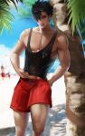  1boy artist_name bangs bara beach black_hair black_tank_top brown_eyes cloud day eyewear_on_head haikyuu!! hand_in_pocket highres jewelry kuroo_tetsurou large_pectorals looking_at_viewer lumi_ja male_focus male_swimwear muscular muscular_male necklace outdoors parted_lips pectorals red_male_swimwear reward_available short_hair sky solo sunglasses tank_top 