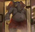  2022 after_shower anthro belly big_belly biped cariboops detailed_background elephant elephantid grey_body hi_res inside male mammal moobs navel overweight overweight_anthro overweight_male proboscidean shower solo steam towel towel_only tusks 