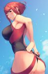  1girl absurdres adjusting_clothes adjusting_swimsuit ass black_swimsuit blue_sky bob_cut breasts circlet cloud cloudy_sky from_below highres looking_back medium_hair one-piece_swimsuit open_mouth outdoors pyra_(pro_swimmer)_(xenoblade) pyra_(xenoblade) red_eyes red_hair sideboob sky solo swimsuit xenoblade_chronicles_(series) xenoblade_chronicles_2 yatai_(ya2taic) 