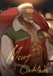  1boy abs bara brk_603 chest_hair commentary_request highres korean_commentary large_pectorals long_sleeves male_focus mature_male muscular muscular_male navel old old_man open_clothes original pectoral_cleavage pectorals solo white_hair 