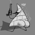  1_eye absurd_res ambiguous_gender big_butt black_eyelashes butt english_text eyelashes grey_background grey_body gun hi_res huge_butt looking_at_viewer looking_back pyramid ranged_weapon rashchaos shadow signature simple_background smoke solo standing text weapon 