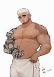  1boy abs bara closed_mouth commentary_request highres large_pectorals male_focus mature_male mechanical_arms muscular muscular_male naked_towel navel nipples original pectorals peterhl single_mechanical_arm solo stomach topless topless_male towel 