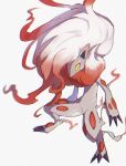  1other animal_ears animal_feet animal_hands big_hair blurry body_fur chromatic_aberration claws constricted_pupils full_body furry gradient_hair grey_fur highres hisuian_zoroark horezai long_hair looking_at_viewer multicolored_hair other_focus pokemon pokemon_(creature) red_eyes red_hair simple_background snout solo standing two-tone_fur two-tone_hair white_background white_fur white_hair wolf_ears yellow_eyes 