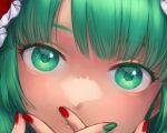  1girl bangs blunt_bangs closed_mouth colored_eyelashes commentary_request eyelashes face frilled_ribbon frills green_eyes green_hair green_nails hair_ribbon happy kageharu kagiyama_hina lips medium_hair nail_polish red_nails red_ribbon ribbon smile touhou 