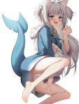  1girl :d animal_ears bangs bare_legs barefoot blue_hair blue_hoodie blush breasts cat_ears claw_pose feet fish_tail foot_out_of_frame gawr_gura grey_hair highres hololive hololive_english hood hoodie long_hair long_sleeves medium_breasts multicolored_hair panties pharamacom purple_eyes shark_tail sharp_teeth simple_background smile solo streaked_hair tail teeth two_side_up underboob underwear upper_teeth very_long_hair virtual_youtuber white_background white_panties wide_sleeves 