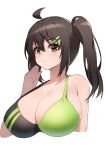  1girl ahoge bangs bikini breasts brown_eyes brown_hair cleavage collarbone commission eyewear_removed green_bikini hair_between_eyes hair_ornament hairclip hand_on_own_cheek hand_on_own_face highres huge_breasts looking_at_viewer mask mask_removed original side_ponytail simple_background solo swimsuit ugwa upper_body white_background 