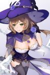  1girl adjusting_hair bird black_gloves black_legwear breasts brown_hair capelet cleavage clisapex closed_mouth dress eyebrows_visible_through_hair flower genshin_impact gloves green_eyes hair_flower hair_ornament hat highres large_breasts lisa_(genshin_impact) long_hair looking_to_the_side purple_capelet purple_dress purple_headwear solo thighhighs witch_hat 