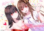  2girls :d anniversary bangs bare_shoulders blunt_bangs breasts butterfly_hair_ornament cleavage commentary_request confetti copyright dress dutch_angle hair_ornament heart japanese_clothes kimono large_breasts looking_at_viewer multiple_girls official_art oshiro_project oshiro_project_re pointing red_eyes red_kimono second-party_source signature smile tachibanayama_(oshiro_project) upper_body white_dress yuuki_kira 