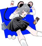  1girl animal_ears bangs blue_background blush bottle candy capelet chocolate chocolate_bar commentary cookie_(touhou) crystal dress egg eyebrows_visible_through_hair feet_out_of_frame flour food frogsnake grey_dress grey_hair jewelry long_sleeves looking_at_viewer milk_bottle mouse_ears mouse_girl mouse_tail nazrin nyon_(cookie) open_mouth pendant pointing pointing_at_self red_eyes shirt short_hair simple_background smile socks solo tail touhou two-tone_background white_background white_capelet white_legwear white_shirt 