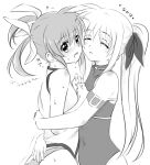  2girls blush closed_eyes fate_testarossa hair_ribbon hug kerorokjy long_hair looking_at_another lyrical_nanoha mahou_shoujo_lyrical_nanoha mahou_shoujo_lyrical_nanoha_a&#039;s medium_hair monochrome multiple_girls open_mouth ribbon short_twintails surprised sweat takamachi_nanoha translation_request twintails yuri 