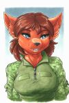  absurd_res anthro big_breasts biped black_nose blue_background blue_eyes border breasts brown_hair bust_portrait camo camo_clothing camo_print camo_shirt camo_topwear canid canine clothed clothing collared_shirt ewgengster_(artist) eyelashes fangs female fox front_view fur green_clothing green_shirt green_topwear hair hi_res inner_ear_fluff light lighting looking_aside mammal marker_(artwork) military_uniform orange_body orange_fur pattern_clothing pattern_shirt pattern_topwear portrait prick_ears pupils shaded sharp_teeth shirt simple_background slit_pupils smile snout soft_shading solo teeth topwear traditional_media_(artwork) tuft uniform white_border zipper 