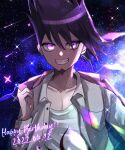  1boy bangs black_hair collarbone collared_shirt danganronpa_(series) danganronpa_v3:_killing_harmony dated facial_hair goatee grey_shirt grin happy_birthday holding holding_clothes holding_jacket jacket jacket_removed looking_at_viewer male_focus medium_hair mikao_(eanv5385) momota_kaito open_clothes open_shirt pink_eyes pink_jacket print_shirt shirt smile solo space space_print starry_background starry_sky_print teeth upper_body white_shirt 