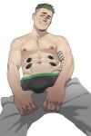  1boy abs absurdres apex_legends bara green_hair highres large_pectorals looking_at_viewer male_focus mature_male muscular muscular_male navel nipples octane_(apex_legends) pectorals philipposole smile solo stomach topless topless_male 