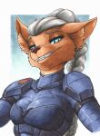  absurd_res anthro armor biped blue_armor blue_background blue_clothing blue_eyes blue_topwear border braided_hair braided_ponytail breasts brown_body brown_fur brown_nose bust_portrait canid canine clothed clothing ewgengster_(artist) eyelashes fangs female fox front_view fur grey_hair hair hi_res inner_ear_fluff light lighting long_hair looking_at_viewer mammal marker_(artwork) medium_breasts ponytail portrait prick_ears pupils shaded sharp_teeth simple_background slit_pupils smile smiling_at_viewer snout soft_shading solo teeth topwear traditional_media_(artwork) tuft white_border 