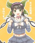  1girl :d absurdres bangs black_hair bow bowtie buttons chabashira_tenko choker clenched_hands danganronpa_(series) danganronpa_v3:_killing_harmony double-breasted eyebrows_visible_through_hair green_eyes hair_ribbon hairband hands_up highres layered_skirt long_hair midriff mole mole_under_mouth navel orange_background outline pink_choker pink_hairband raimone_(nekokirinv3) ribbon school_uniform serafuku skirt smile solo teeth translation_request twintails upper_teeth white_bow white_bowtie white_outline white_ribbon 