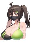  1girl ahoge bangs bikini breasts brown_eyes brown_hair cleavage collarbone commission glasses green_bikini hair_between_eyes hair_ornament hairclip hand_on_own_cheek hand_on_own_face highres huge_breasts looking_at_viewer mask original side_ponytail simple_background solo swimsuit ugwa upper_body white_background 