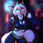  5_fingers anthro blue_eyes breasts canid canine clothed clothing eyebrows eyelashes female fingers hair hi_res mammal midriff monstercheetah navel open_mouth smile solo teeth tongue white_hair 