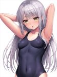  1girl armpits arms_up bang_dream! blue_swimsuit blush breasts covered_navel covered_nipples impossible_clothes lambda_(kusowarota) long_hair minato_yukina one-piece_swimsuit open_mouth school_swimsuit shiny shiny_clothes shiny_hair shiny_skin silver_hair simple_background skin_tight small_breasts solo standing swimsuit white_background yellow_eyes 