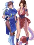  2girls bangs bare_shoulders bracelet breasts brown_eyes brown_hair bun_cover china_dress chinese_clothes chun-li closed_mouth crossover double_bun dress full_body hand_on_hip high_ponytail highres jewelry looking_at_viewer medium_breasts meke_(77842928) multiple_girls ninja pantyhose pelvic_curtain revealing_clothes shiranui_mai smile spiked_bracelet spikes standing street_fighter the_king_of_fighters v 