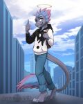  abluedeer anthro backpack blue_eyes city clothed clothing dinosaur gesture grey_body hair halo hi_res hoodie looking_at_viewer male outside reptile scalie solo tail_tuft thumbs_up topwear tuft 