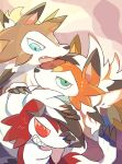 akadako animal_focus black_hair blue_eyes claws closed_mouth colored_sclera colored_tips commentary_request dated_commentary eye_contact fang green_eyes grin half-closed_eyes happy highres looking_at_another looking_at_viewer looking_down looking_up lycanroc lycanroc_(dusk) lycanroc_(midday) lycanroc_(midnight) multicolored_hair no_humans notice_lines one-hour_drawing_challenge open_mouth partial_commentary pokemon pokemon_(creature) red_eyes red_sclera sharp_teeth smile teeth two-tone_hair white_hair 
