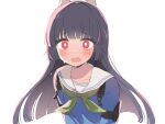  1girl animal_ears armband bangs black_hair blue_archive blue_shirt blush bright_pupils fake_animal_ears green_neckwear hairband long_hair long_sleeves looking_at_viewer manio miyu_(blue_archive) open_mouth raised_eyebrows red_eyes sailor_collar shirt solo sweatdrop upper_body white_pupils 