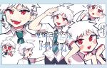  1boy :d ahoge arm_up bangs black_necktie black_pants blush blush_stickers border collared_shirt cowboy_shot danganronpa_(series) danganronpa_2:_goodbye_despair green_necktie grey_border highres hinata_hajime hinata_hajime_(awakened) looking_at_viewer male_focus necktie nongmin_(tadano_noumin) open_mouth pants pointing pointing_at_viewer red_eyes shirt short_hair short_sleeves smile spiked_hair teeth tongue translation_request white_shirt 