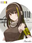  1girl armband artist_name bare_shoulders brown_eyes brown_hair color_guide girls&#039;_frontline green_hair headset highres light_smile long_hair looking_at_viewer m4a1_(girls&#039;_frontline) mausratten multicolored_hair revision ribbed_sweater scarf simple_background sleeveless solo streaked_hair sweater upper_body white_background 