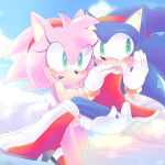  amy_rose blue_body blue_fur blue_hair blush breasts bridal_carry carrying clothed clothing cloud covering covering_mouth crossdressing duo embarrassed female fur gloves green_eyes hair hand_on_leg handwear hi_res male male/female nude on pink_body pink_fur pink_hair pinkuunegai running sega sonic_the_hedgehog sonic_the_hedgehog_(series) 