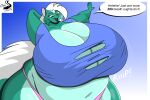  anthro big_breasts breasts chrisandcompany clothing dialogue female hi_res huge_breasts mammal mephitid skunk solo torn_clothing 