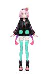  1girl absurdres ankle_boots arms_at_sides bangs black_choker black_hairband boots bow choker closed_mouth colored_inner_hair cross-laced_footwear drawstring ganba_ruuko_(vtuber) green_legwear hair_ornament hairband hairclip highres hood hood_down hooded_jacket indie_virtual_youtuber jacket lace-up_boots lam_(ramdayo) looking_at_viewer multicolored_hair octopus pink_hair red_eyes short_hair shorts simple_background smile solo standing thighhighs third-party_source virtual_youtuber white_background white_shorts 