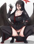  1girl black_choker black_footwear black_hair black_legwear black_panties black_shirt black_skirt blue_archive blush breasts choker cleavage clothes_lift collarbone hair_between_eyes halo hand_up hasumi_(blue_archive) highres large_breasts long_hair looking_at_viewer low_wings panties parted_lips red_eyes school_uniform serafuku shirt simple_background skirt skirt_lift squatting thighhighs thighs tyamurai33 underwear white_background wings 