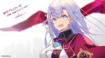  1girl :d anniversary artist_name caerphilly_(oshiro_project) cape commentary_request light_purple_eyes light_purple_hair long_hair looking_at_viewer mk_(masatusaboten) official_art oshiro_project oshiro_project_re red_cape second-party_source smile solo upper_body 
