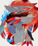  1other absurdly_long_hair akadako animal_ears arm_up black_fur black_hair blue_eyes blue_fire body_fur claws colored_tips commentary_request dated_commentary fangs fire fur_collar furry grey_background grey_fur half-closed_eyes happy highres long_hair looking_at_viewer multicolored_hair one-hour_drawing_challenge open_mouth partial_commentary pokemon pokemon_(creature) red_hair simple_background slit_pupils smile snout solo two-tone_fur two-tone_hair very_long_hair wolf_ears zoroark 