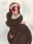  anthro breasts brown_eyes brown_hair christianity digital_media_(artwork) domestic_pig female hair hi_res jewelry mammal mellonbun necklace nun_outfit pink_body religion shaded simple_background solo suid suina sus_(pig) thick_thighs wide_hips 