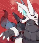  aggron akadako animal_focus black_eyes blue_sclera claws colored_sclera commentary_request dated_commentary highres looking_at_viewer no_humans one-hour_drawing_challenge open_mouth partial_commentary pokemon pokemon_(creature) red_background sharp_teeth slit_pupils solo standing teeth 