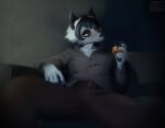  absurd_res alcohol alcoholic_drink anthro beverage blush bulge canid canine drunk fox hi_res male male/male mammal marble_fox red_fox revel revelandchive solo substance_intoxication tipsy whiskey 