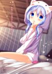  1girl :d animal_ears animal_hood bangs blue_eyes blue_hair blurry blurry_background blurry_foreground blush body_writing chinomaron commentary_request depth_of_field egg_vibrator eyebrows_visible_through_hair fake_animal_ears finger_to_mouth gochuumon_wa_usagi_desu_ka? hair_between_eyes hair_ornament hand_up highres hitachi_magic_wand hood hood_up hooded_jacket jacket kafuu_chino long_hair long_sleeves looking_at_viewer sex_toy shushing signature sleeves_past_wrists smile solo tally translation_request twitter_username vibrator white_jacket x_hair_ornament 
