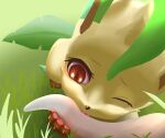  ambiguous_gender day detailed_background duo eeveelution feral fur grass_field hi_res leafeon licking nintendo one_eye_closed outside pawpads paws pok&eacute;mon pok&eacute;mon_(species) red_eyes shadow sword-dance tail_grab tongue tongue_out video_games yellow_body yellow_fur 