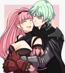  1boy 1girl :d ^_^ bangs bare_shoulders black_cloak border breasts byleth_(fire_emblem) byleth_(fire_emblem)_(male) cleavage cleavage_cutout cloak closed_eyes clothing_cutout detached_sleeves dress earrings eyebrows_visible_through_hair fire_emblem fire_emblem:_three_houses gloves green_hair grey_border highres hilda_valentine_goneril hoop_earrings hug jewelry juliet_sleeves large_breasts long_hair long_sleeves open_mouth outside_border pink_background pink_dress pink_hair puffy_sleeves red_gloves sierra117renner smile upper_body vambraces 
