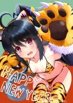  1girl 2022 ahoge amino_dopple animal_hands bent_over bikini black_hair blush breasts chinese_zodiac claw_pose d: fang gloves hands_up happy_new_year looking_at_viewer medium_breasts open_mouth original paw_gloves red_eyes signature solo striped striped_bikini swimsuit thighhighs year_of_the_tiger yellow_bikini yellow_legwear 