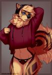  andromorph anthro black_nose blue_eyes canid canine canis clothing crop_top crossgender diabolicaldeo domestic_dog finnish_spitz fluffy fluffy_tail ftm_crossgender intersex kaiken male mammal mixbreed navel panties shirt simple_background solo spitz topwear trans_(lore) underwear 