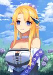  1girl arknights bangs bare_shoulders blonde_hair blue_eyes blue_sky breasts chinese_commentary choker cleavage cloud commentary_request day flower horns large_breasts leiroken long_hair off-shoulder_shirt off_shoulder official_alternate_costume pointy_ears purple_flower saileach_(appreciate_fragrance)_(arknights) saileach_(arknights) shirt sky smile solo upper_body white_choker white_shirt 