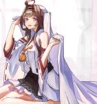  1girl ahoge black_skirt brown_hair detached_sleeves double_bun frilled_skirt frills hairband headgear highres japanese_clothes kantai_collection kongou_(kancolle) kongou_kai_ni_(kancolle) long_hair nontraditional_miko panda_(heart_sink) popped_collar purple_eyes ribbon-trimmed_sleeves ribbon_trim sitting skirt solo wariza wide_sleeves 